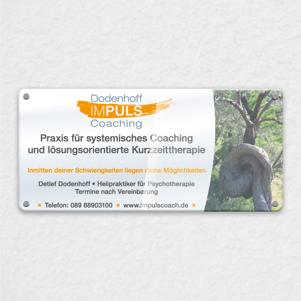 Gestaltung Praxis-Schild aus Acryl Impuls Coaching